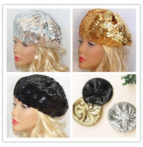 Sequins glitter gold silver black hot pink violet turquoise royal blue women's fashion dancing bar jazz singer performance hip hop cos play dancing hat berets caps beanies 